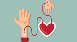 Ilustração de uma mão e uma bolsa de sangue, ambos representam a doação de sangue