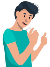 Ilustração de homem de camiseta azul dando sinal de positivo após realizar teste de covid-19