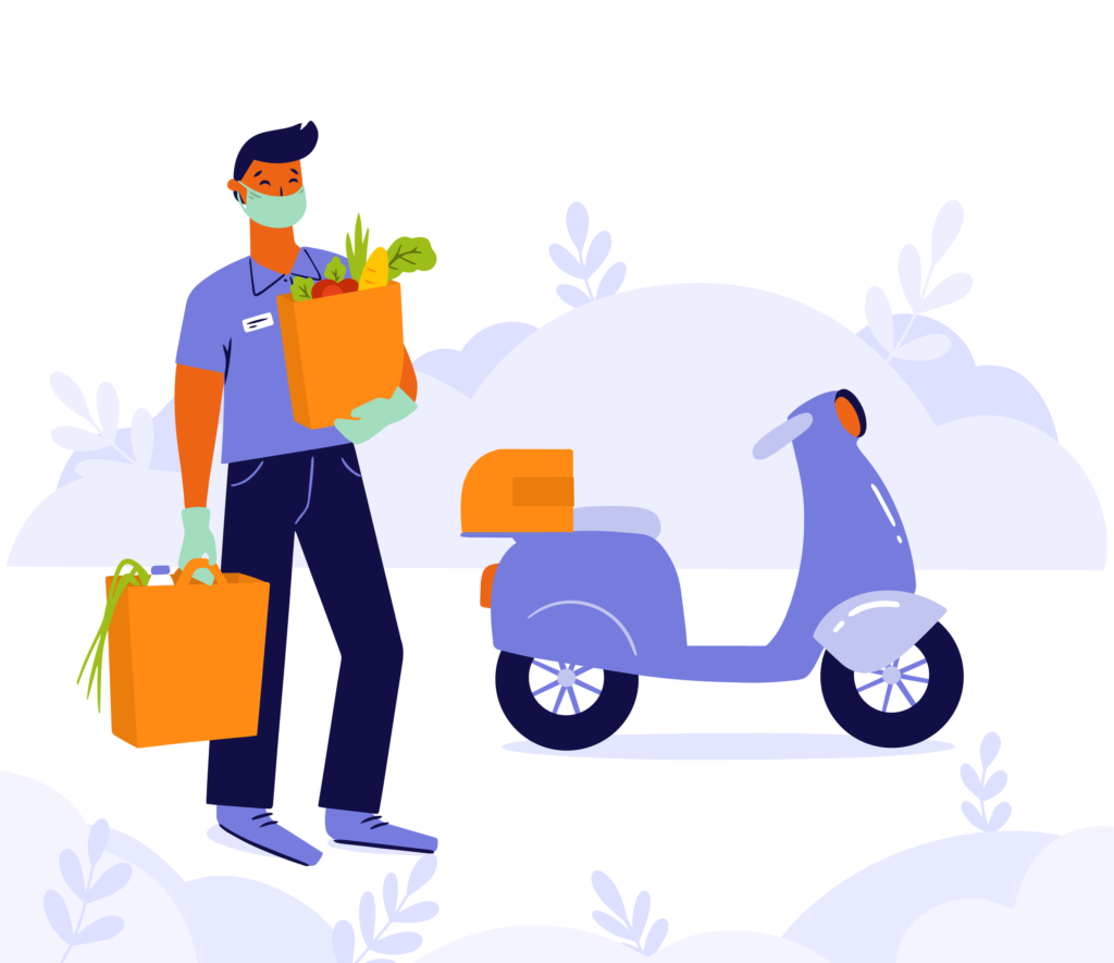 Puerpério - ilustração que mostra um homem em pé ao lado de uma moto, carregando suas sacolas de compras