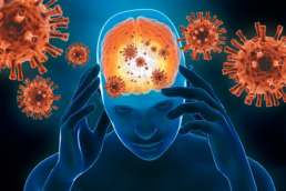 ilustração mostrando o cérebro sendo infectado por vírus