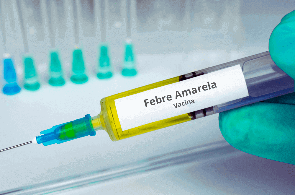 imagem de uma seringa com a descrição informando ser vacina febre amarela