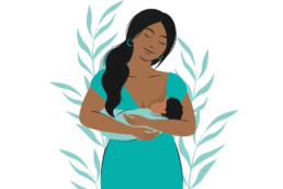 Ilustração de uma mulher preta segurando e amamentando um bebê que é uma das formas de nutrição infantil