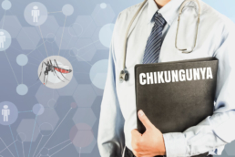 Uma imagem mostrando um médico segurando uma pasta preta escrito na frente o que é chikungunya