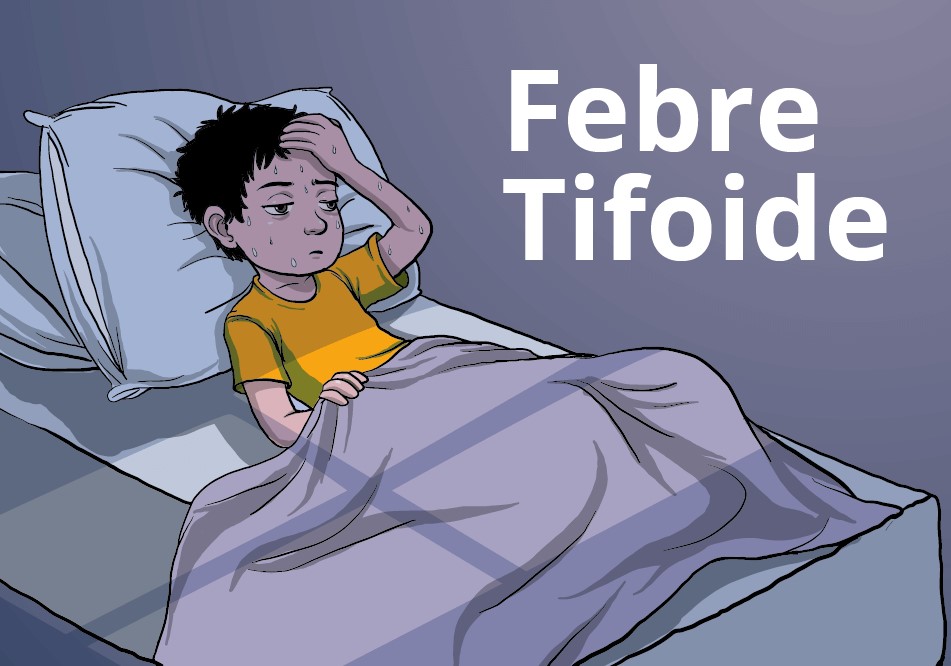 ilustração mostra menino deitado na cama com a mão na testa aparentando estar com febril com sintomas de febre tifoide
